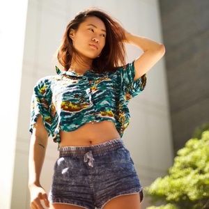 Blue Hawaiian-style Crop Top